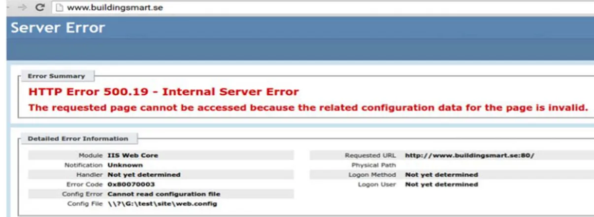 Figure 2.8: buildingSMART.se website internal server error message. 