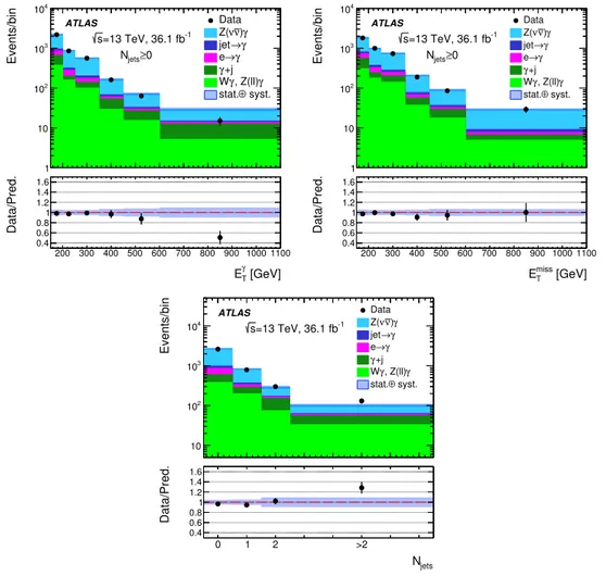 Figure 2. Top left: photon E T distribution; top right: missing transverse momentum distribution;