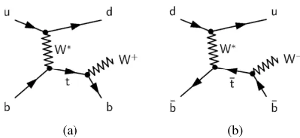 Figure 1. Representative leading-order Feynman diagrams of (a) single-top-quark production and (b) single- single-top-antiquark production via the t-channel exchange of a virtual W boson (W ∗ ), including the decay of the top quark and top antiquark, respe