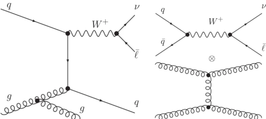 Figure 1. Examples of leading-order Feynman diagrams for the direct (left) and double-parton interaction (right) components in the production of a W + +2-jet system