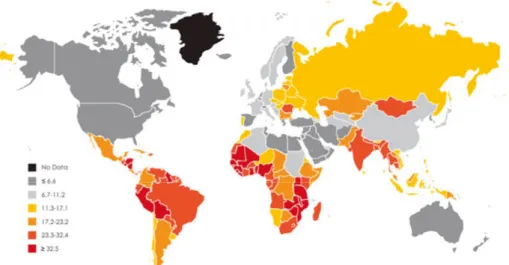 Figure 4. Cervical cancer, global map showing estimated age-standardized (world  standard) incidence rate per 100,000 in 2008 (all ages)