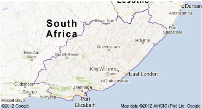 Figur 1.  Map of Eastern Cape Province. The study was conducted in Grahamstown and in Nqileni at the coastline, south  East of Mthatha