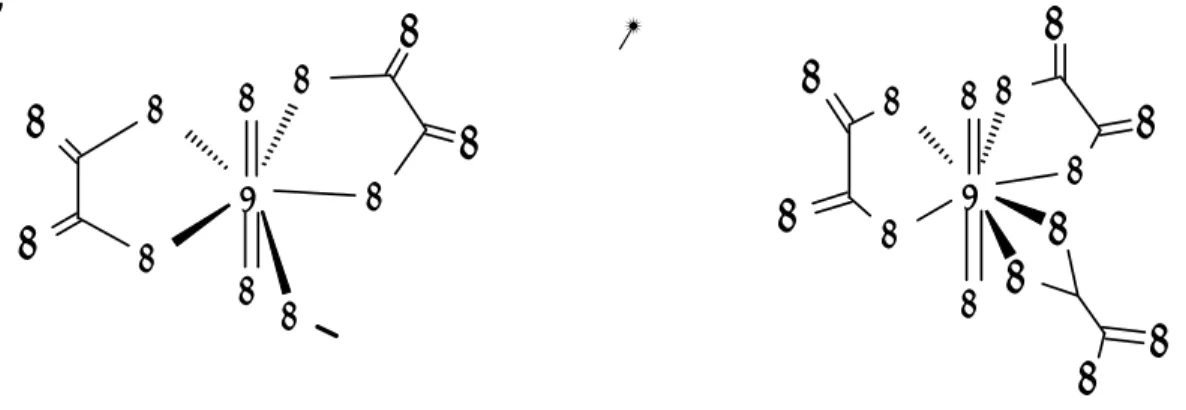 Figure 3.1. Structure of a) [UO 2 (ox) 2 ] n 2n-  [32] O- donates part of the chain forming oxalate group,  b) [UO 2 (ox) 3 ] 4-  [33].