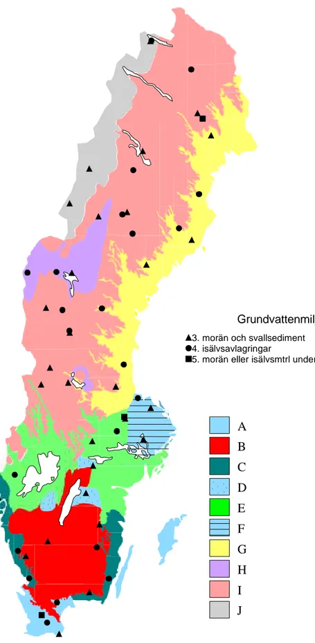 Figur 2. Kartan visar fördelningen av trendstationer inom bedömningsgrundernas regioner.