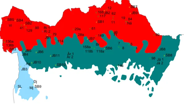 Figur 1.   Provtagningspunkternas läge samt region enligt bedömningsgrunderna (Naturvårdsverket 1999)