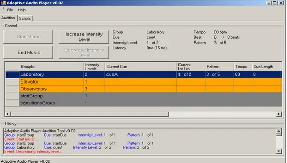 Fig 13. The Implemented Prototype Audition Tool GUI. The highlighted  blue row shows the current group
