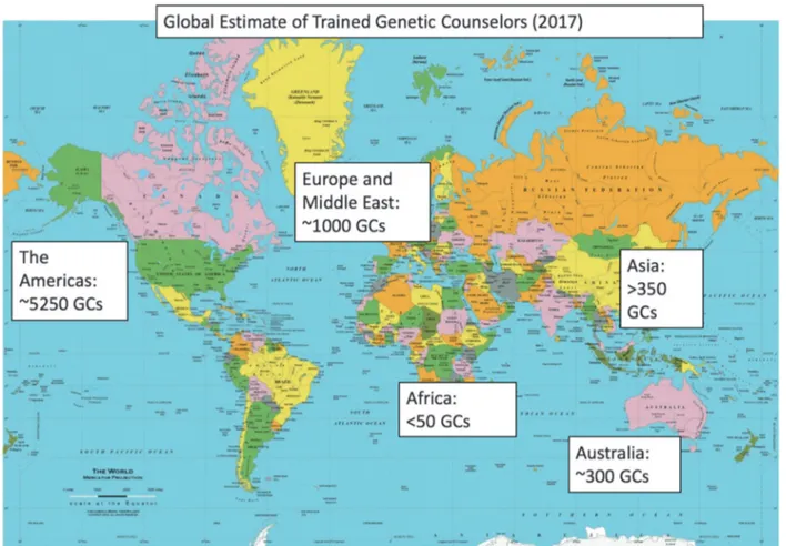 Fig. 2 Trained genetic counselors per million population based on country population and estimated number of genetic counselors.