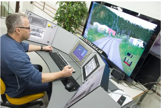 Figur 2: Stationär simulator (Järnvägsskolan). Förare vid detta tillfälle är Björn Rosenqvist, lärare  på Järnvägsskolan i Ängelholm