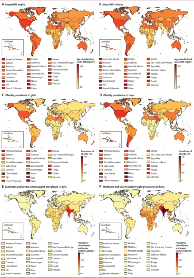 Figure 3: Age-standardised  mean BMI, prevalence of  obesity, and prevalence of  moderate and severe  underweight by sex and  country in 2016 in children  and adolescents Children and adolescents were  aged 5–19 years