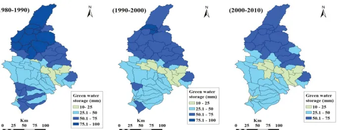 Fig. 8    Spatial distribution of green water storage in the Greater Zab basin over three consecutive decades: (a) 1980~1990; (b)  1990~2000; (c) 2000~2010