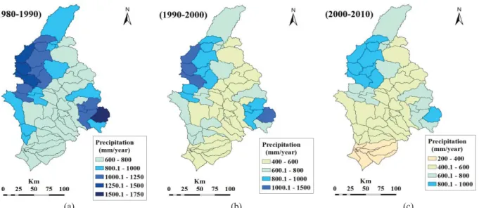 Fig. 6  Spatial distribution of precipitation in the Greater Zab basin over three consecutive decades: (a) 1980~1990; (b)  1990~2000; (c) 2000~2010