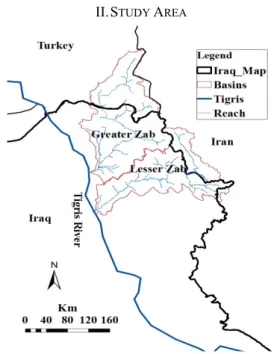 Fig. 1 Location of Greater Zab and Lesser Zab within Iraq  The Greater Zab rises from the Ararat Mountains in Turkey  and flows through Turkey and the central northern part of Iraq  and  then  joins  the  Tigris  River  south  of  Mosul  City  with  a  len