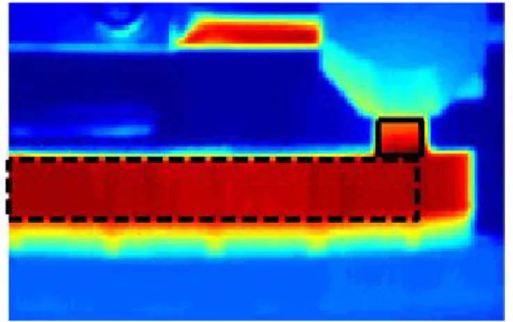 Figure 4: Side view of pin-on-disc rig as registered by thermocamera. Black squares indicate areas used for extraction  of average pin and disc temperatures
