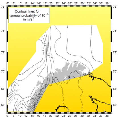 Figure 4:  Seismic zonation map of northern Norway (Bungum et al., 1998). 