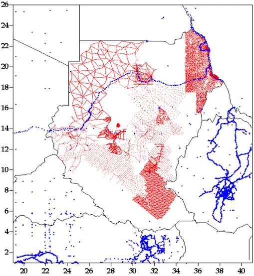 Figure 4.1: Distribution of the gravity anomaly data (GETECH and BGI data showed in red  and blue colours, respectively)