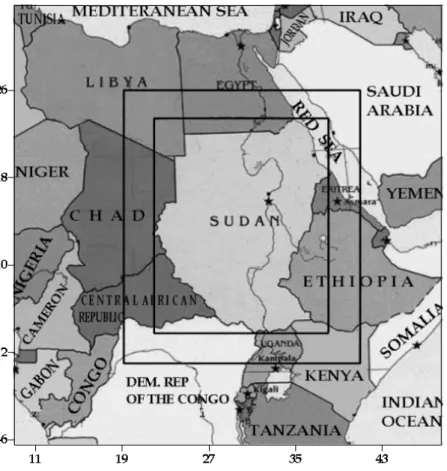 Figure 4.4: Sudan area fenced by the smaller rectangle, outer rectangle fences Sudan area at  spherical distance of 3 ° 