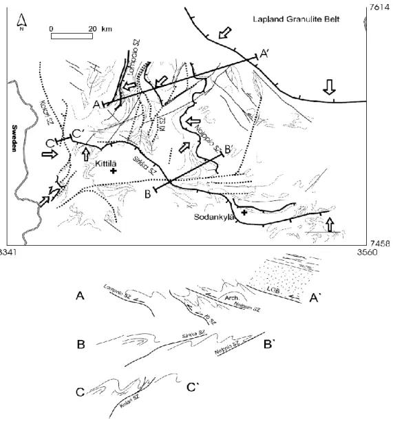 Figure  ‎2.3:  Tectonic  map  of  the  Central  Lapland  Granitoid  Complex.  Arrows  show  the  interpreted  tectonic  transport  directions