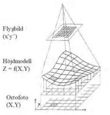 Figur 1. Generell princip bakom ortofotoframställning. Bild hämtad från (Lantmäteriet m.fl, 2013)