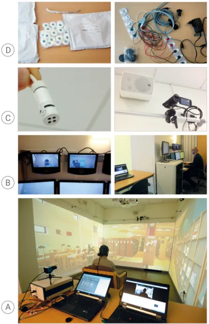 Figure 13: The Design Research Lab. Row A: Prototyping digital contents  on the large screens of the user stage, setting up the design studies, and  constructing the frame for user participants to experience the actual size  of the large display in the Lab