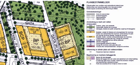 Figur 6. Del av plankarta med relevanta planbestämmelser (Stockholms stad, 2010a). 