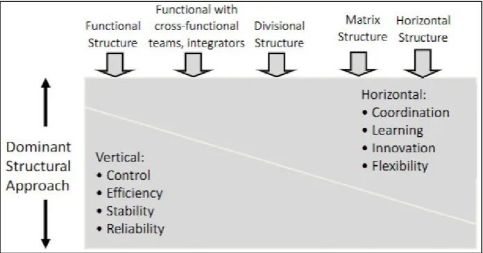 Figure 5. Dissection of the relationship between organizational structure and desired focus area, using vertical and horizontal structures as reference points [29]