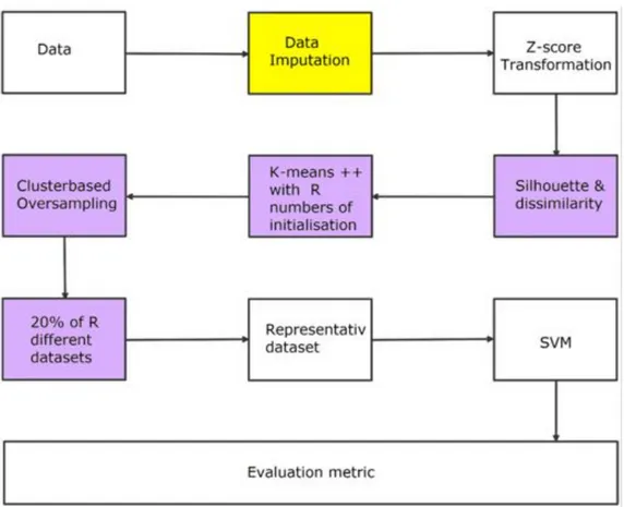 Figure 8. Depiction of the entire process. The steps colored in purple are stochastic processes and the yellow one indicates  that different imputation methods where used.