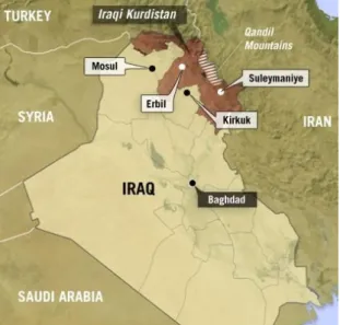 Figur 2. Karta över Irak. Det bruna området tillhör Kurdistan. Bild tagen från ref. [12]