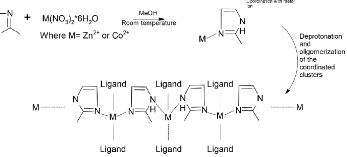 Figure 5. Proposed general reaction mechanism for the formation of ZIF-67 and ZIF-8 in MeOH, the former obtained by using  cobalt ions while the latter requires zinc ions