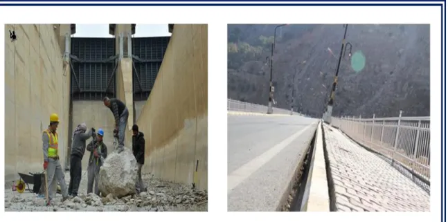 Figure 12: Aftermath of the earthquake in November 2017 at Darbandikhan  Dam; a) Right: cracks in the main dam body b) left: group workers are  demolishing a stone that fallen in spillway chute from the adjacent mountain