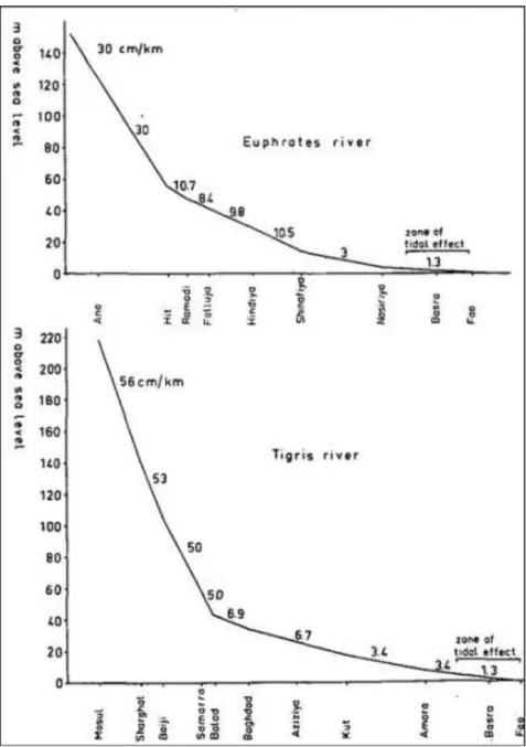 Figure 1: Profiles of the Euphrates and Tigris River showing changes in their  elevations within Iraq (Buringh, 1960)