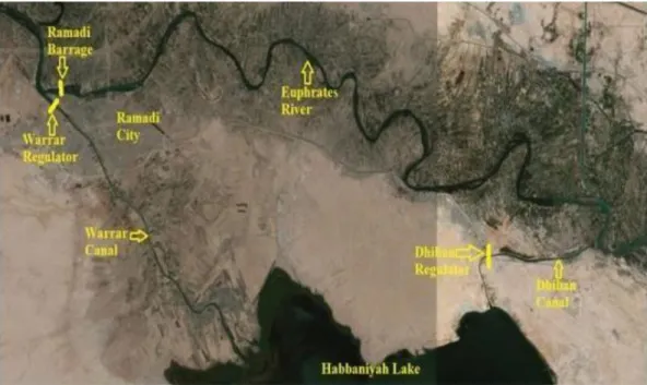 Figure 3: An aerial view of Habbaniyah Project showing Ramadi Barrage  and other related Structures (modified by the authors)