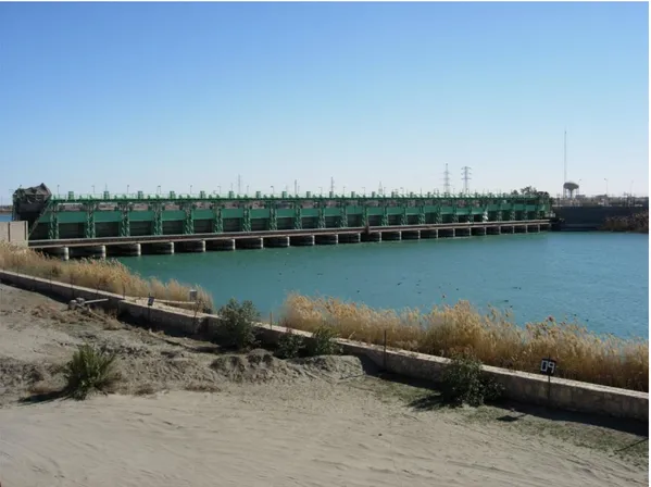 Figure 6: General view of Ramadi Barrage from the upstream  side.[(Source:[5])]   
