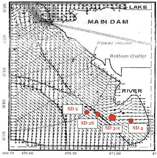 Figure 3: Locations of sinkholes on the right bank downstream Mosul Dam. 