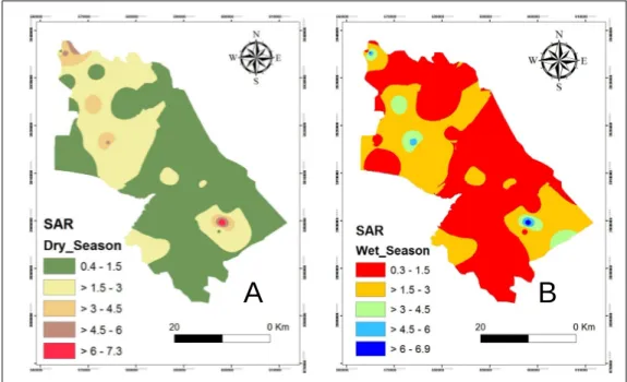Figure 6. Spatial distribution for SAR in A- Dry season ,B-Wet season.