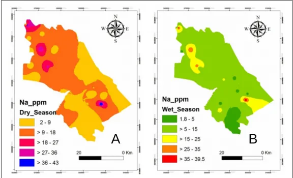 Figure 8. Spatial distribution for the concentration of Na +  in A- Dry season, B-Wet season.