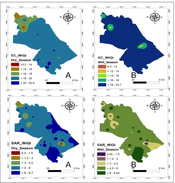 Figure 10. Spatial distribution for the IWQI concentration of (EC and SAR) in dry season and wet season.