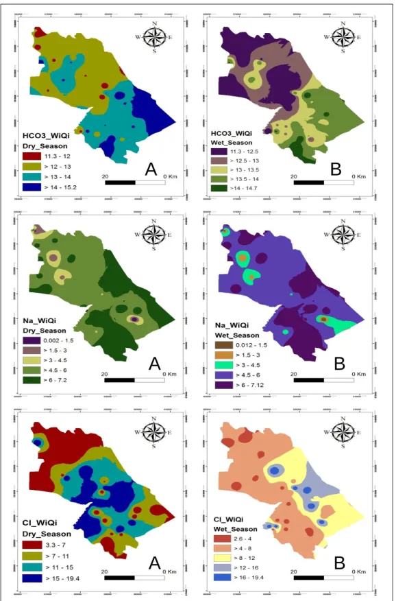 Figure 11. Spatial distribution for the IWQI concentration of (HCO-3, Na +  and Cl - ) in dry season and wetseason.