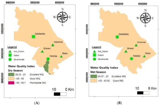 Figure 10. Map of water quality index for domestic use: (A) dry season and (B) wet season