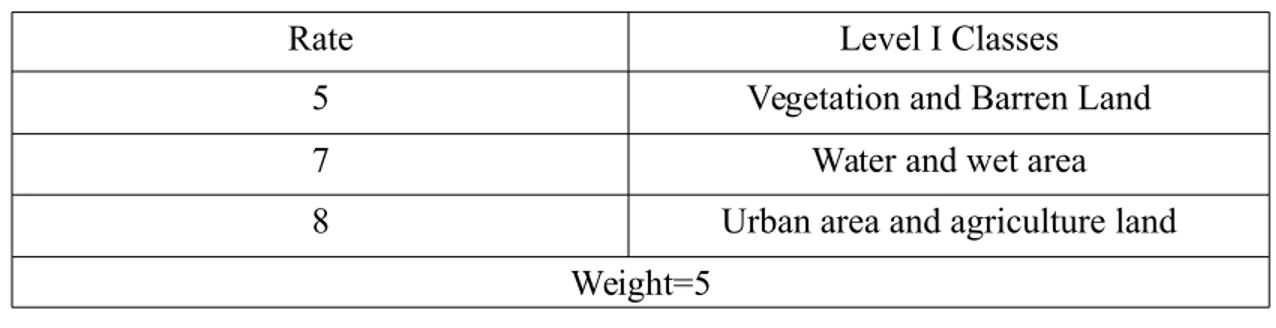 Table 3: Rate and weight for LULC classes (Secunda et al., 1998).        