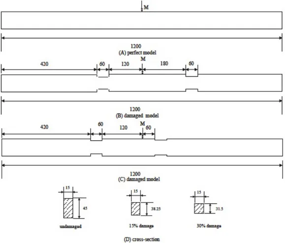 Figure 2.1: The perfect model A, the damaged model B and the damaged model C, units in mm [6].