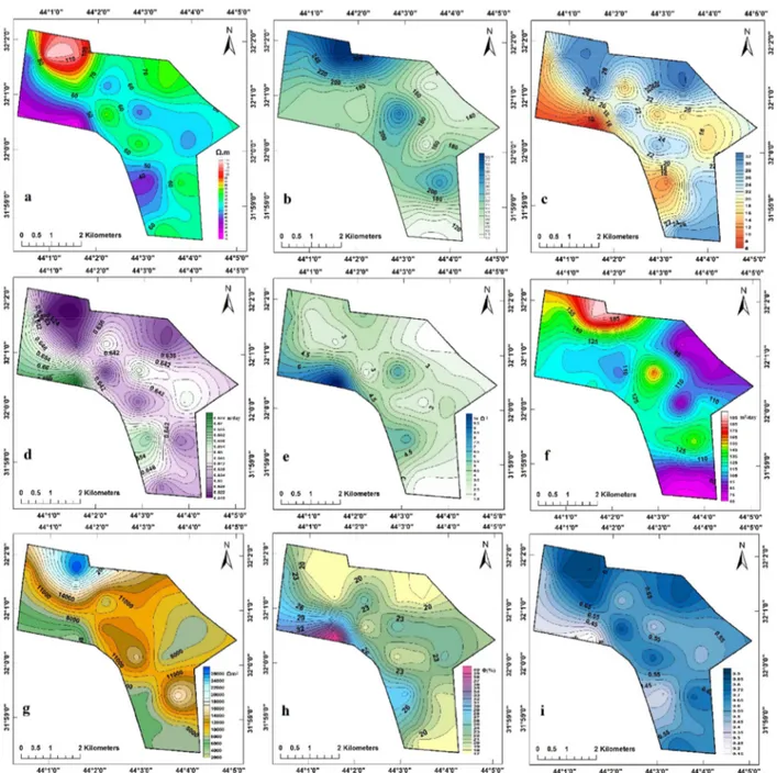 Fig.  9:  Contour  maps  of  the  geoelectric  and  hydraulic  parameters  estimated  for  the  aquifer;  a: 