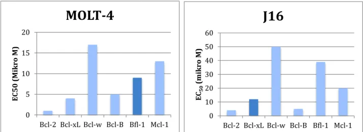 Figur 8. Figuren visar effekten av ABT-737 på Bcl-2 familjehämmare i  cellinjerna MOLT-4 och J16