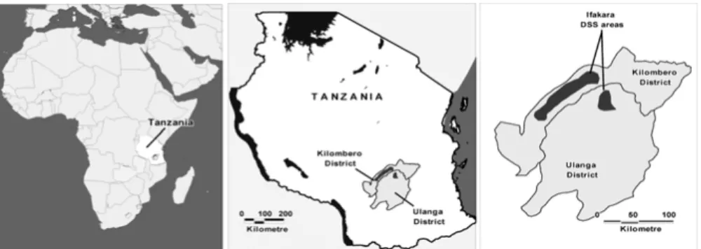 Figure 1: Map showing Tanzania, Kilombero and Ulanga Districts and the Ifakara  Demographic surveillance site (IC-DSS), Tanzania