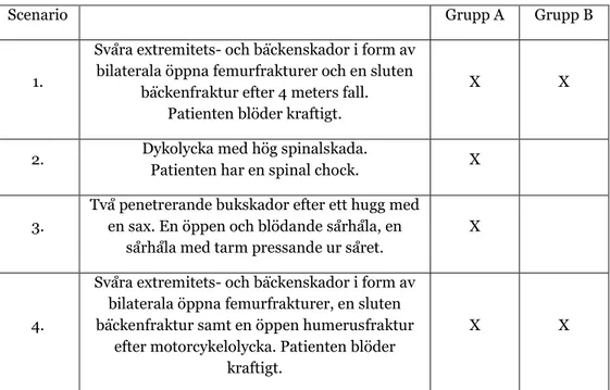 Tabell 4. Simuleringsscenarier i respektive grupper  