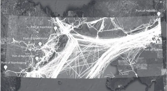 Figure 7.2: The surveillance area and the vessels tracks extracted from AIS datafor 6 days