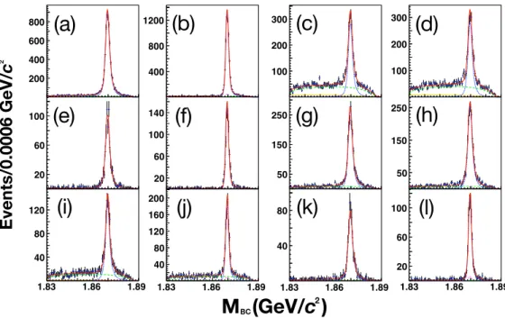 Fig. A5. (color online) Two-dimensional M BC fits projected onto the positive and negative charm M BC axes for various double-tag modes; (a) D + → K − π + π + π 0 vs