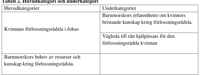 Tabell 2. Huvudkategori och underkategori 