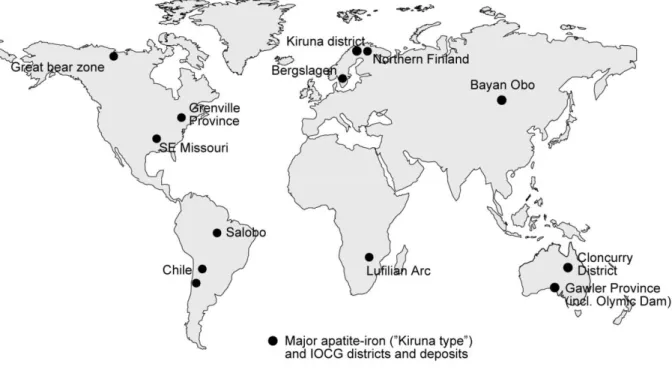 Fig 1: Global distribution of Major IOCG and related type of deposits (Åsa Edfelt, 2007 PhD  Thesis)