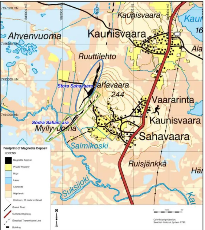 Fig  3:  Localisation of the Stora-  and Södra Sahavaara magnetite deposit  in  the Kaunisvaara  iron field