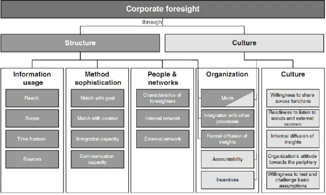 Figure  6:  The  21  criteria  of  the  Maturity  Model  of  Corporate  Foresight.  The  description  of  the  21  criteria  can  be  found  in  annexe 1